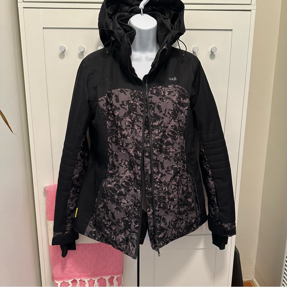 Lole Women's Black Ski Jacket with Charcoal Patterned Panels